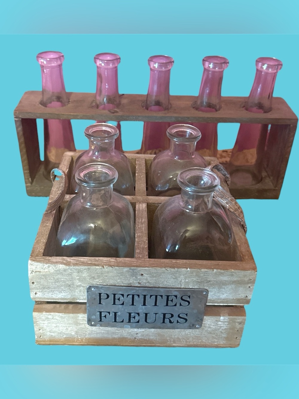 Rustic “Petites Fleurs” Wooden Crate W/Glass Bud Vases-Farmhouse Floral Display